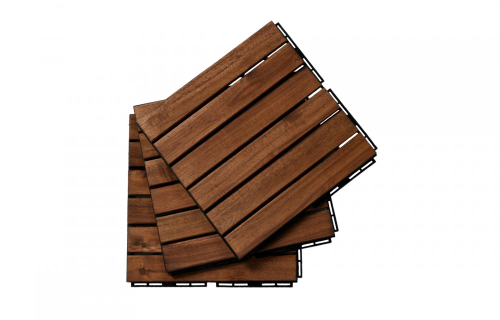 BEEFURNI 12” x 12” Square Acacia Hardwood Interlocking Flooring Wood Tiles 6 Slats