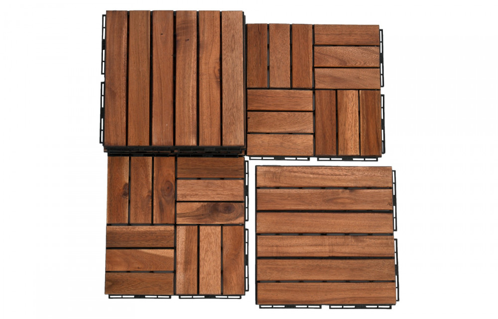 BEEFURNI 12” x 12” Square Acacia Hardwood Interlocking Flooring Wood Tiles Checker Pattern