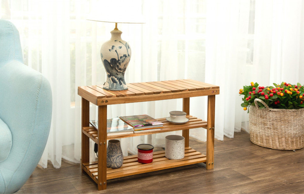 BEEFURNI Rectangular Acacia Wood Shoe Rack Natural Color