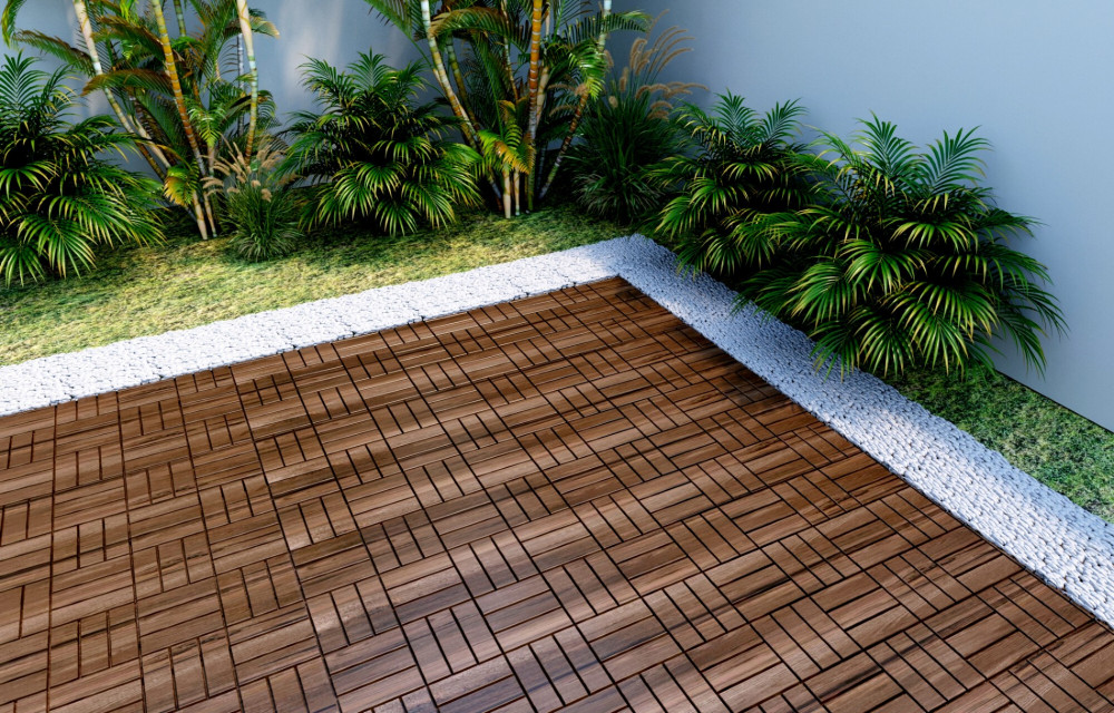 BEEFURNI 12” x 12” Square Acacia Hardwood Interlocking Flooring Wood Tiles Checker Pattern