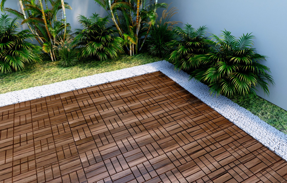 BEEFURNI 12” x 12” Square Acacia Hardwood Interlocking Flooring Wood Tiles Checker Pattern