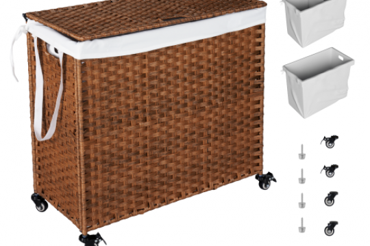 BEEFURNI Laundry Hamper, Lid PE Rattan Powder Coating Frame Clothes Hampers with 02 Removable Bags, 160L, Brown Color