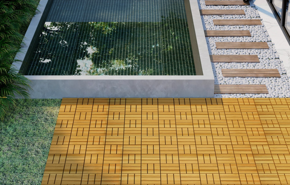 BEEFURNI 12” x 12” Square Yellow Acacia Hardwood Interlocking Flooring Wood Tiles 12 Slats