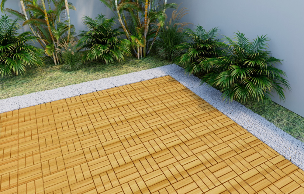 BEEFURNI 12” x 12” Square Yellow Acacia Hardwood Interlocking Flooring Wood Tiles 12 Slats