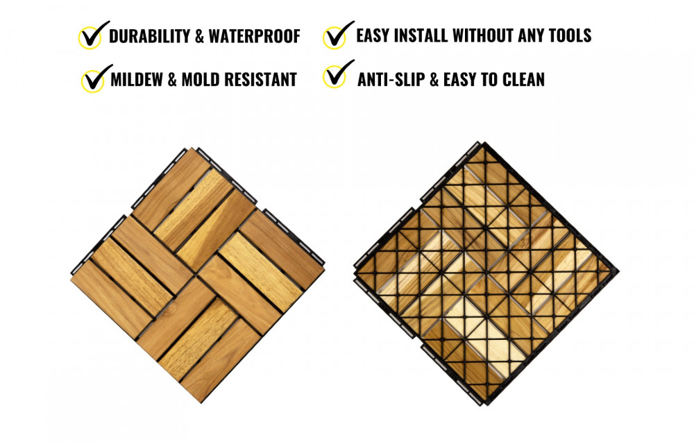 BEEFURNI 12” x 12” Square Yellow Acacia Hardwood Interlocking Flooring Wood Tiles 12 Slats